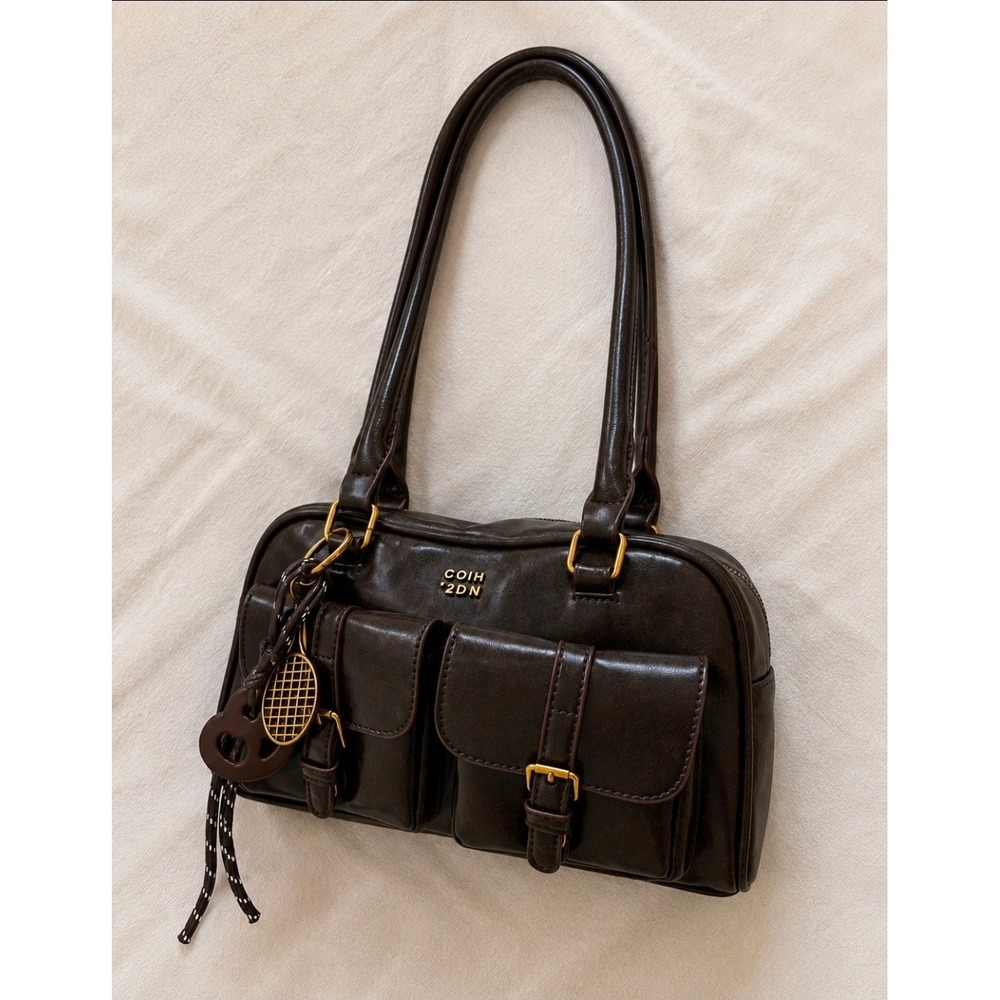 Coffee Brown Faux Leather‎ Cargo Shoulder Bag with Tennis Charm